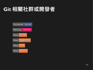 151
Git 相關社群或開發者
FacebookFacebook Git.twGit.tw
MeetupMeetup GHTUGGHTUG
blogblog AppleBOYAppleBOY
blogblog ihowerihower
blogblog 保哥保哥
blogblog 高見龍高見龍
 