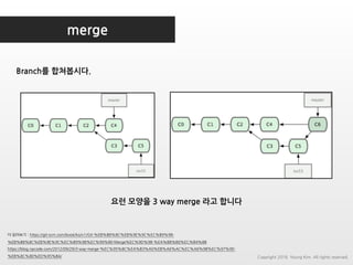 merge
더 읽어보기 : https://git-scm.com/book/ko/v1/Git-%EB%B8%8C%EB%9E%9C%EC%B9%98-
%EB%B8%8C%EB%9E%9C%EC%B9%98%EC%99%80-Merge%EC%9D%98-%EA%B8%B0%EC%B4%88
https://blog.npcode.com/2012/09/29/3-way-merge-%EC%95%8C%EA%B3%A0%EB%A6%AC%EC%A6%98%EC%97%90-
%EB%8C%80%ED%95%B4/ Copyright 2018. Young Kim. All rights reserved.
요런 모양을 3 way merge 라고 합니다
Branch를 합쳐봅시다.
 