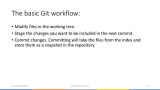 The basic Git workflow:
• Modify files in the working tree.
• Stage the changes you want to be included in the next commit.
• Commit changes. Committing will take the files from the index and
store them as a snapshot in the repository.
Eng. Amjad Mahfoud amjadoof@gmail.com 13
 