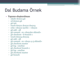 Dal Budama Örnek
• Yapının oluşturulması
▫ mkdir demo2.git
▫ cd demo2.git
▫ git init
▫ touch dosya1 dosya2 dosya3
▫ echo «dosya1 içerik» > dosya1
▫ git add --all
▫ git commit –m «dosyalar eklendi»
▫ git checkout –b branch-1
▫ touch dosya4 dosya5
▫ git add --all
▫ git commit –m «dosya 4-5 eklendi»
▫ git checkout master
▫ git log --oneline
▫ git checkout branch-1
▫ git log --oneline
▫ git checkout master
▫ git branch
 