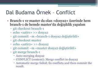 Dal Budama Örnek – Conflict
• Branch-1 ve master da olan «dosya2» üzerinde hem
branch-1 de hemde master’da değişiklik yapalım
▫ git checkout branch-1
▫ echo «satir1» >> dosya2
▫ git commit –m «branch-1 dosya2 değiştirildi»
▫ git checkout master
▫ echo «satir2» >> dosya2
▫ git commit –m «master dosya2 değiştirildi»
▫ git merge branch-1
 Auto-merging dosya2
 CONFLICT (content): Merge conflict in dosya2
 Automatic merge failed; fix conflicts and then commit the
result.
 