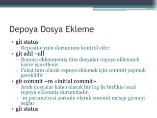 Depoya Dosya Ekleme
• git status
▫ Repositorynin durumunu kontrol eder
• git add –all
▫ Repoya eklenmemiş tüm dosyalar repoya eklenmek
üzere işaretlenir
▫ Fakat tam olarak repoya eklemek için commit yapmak
gereklidir
• git commit –m «initial commit»
▫ Artık dosyalar kalıcı olarak bir log ile birlikte local
repoya eklenmiş durumdadır.
▫ -m parametresi zorunlu olarak commit mesajı girmeyi
sağlar
• git status
 