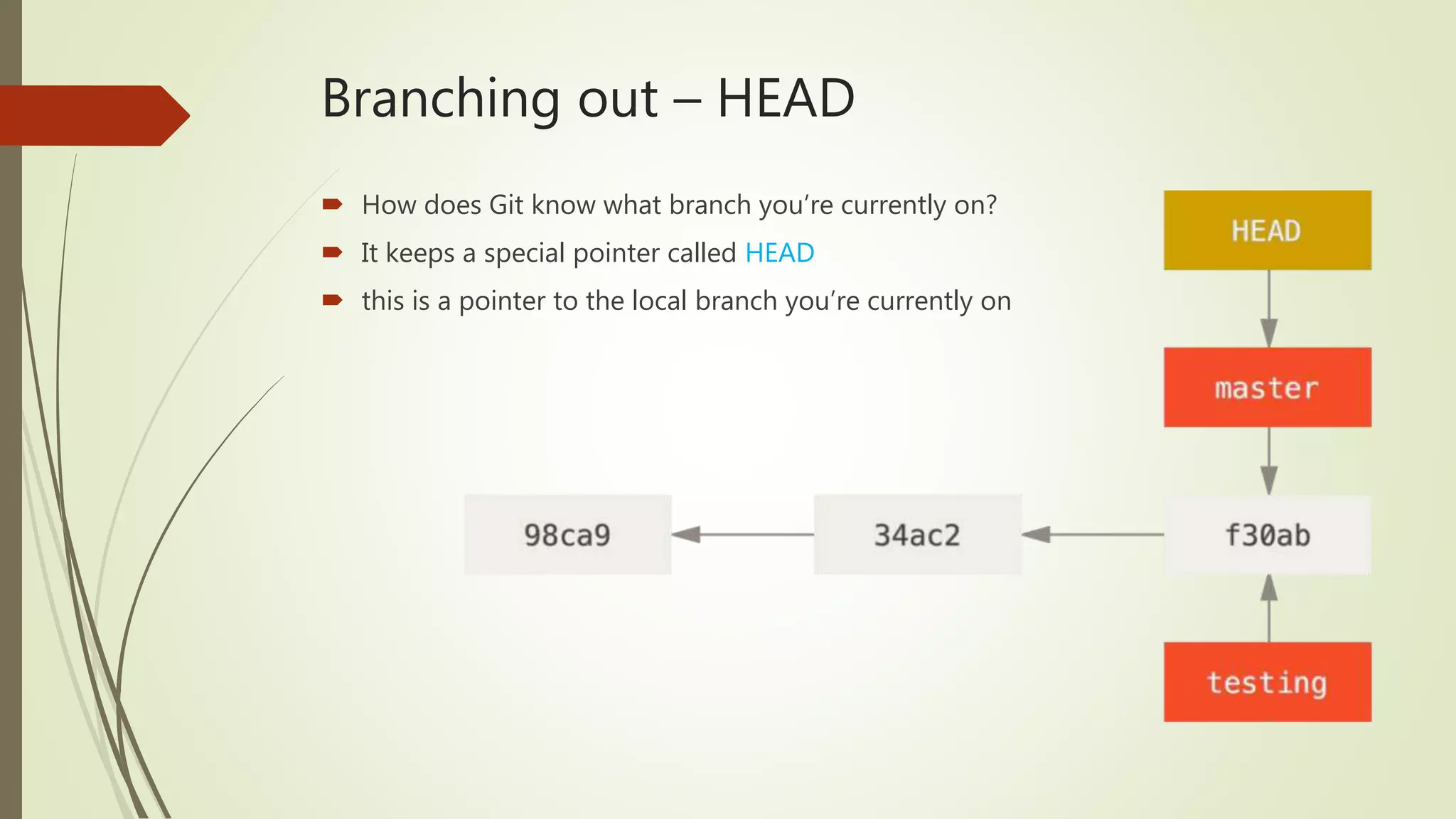 Branching out – HEAD
 How does Git know what branch you’re currently on?
 It keeps a special pointer called HEAD
 this is a pointer to the local branch you’re currently on
 