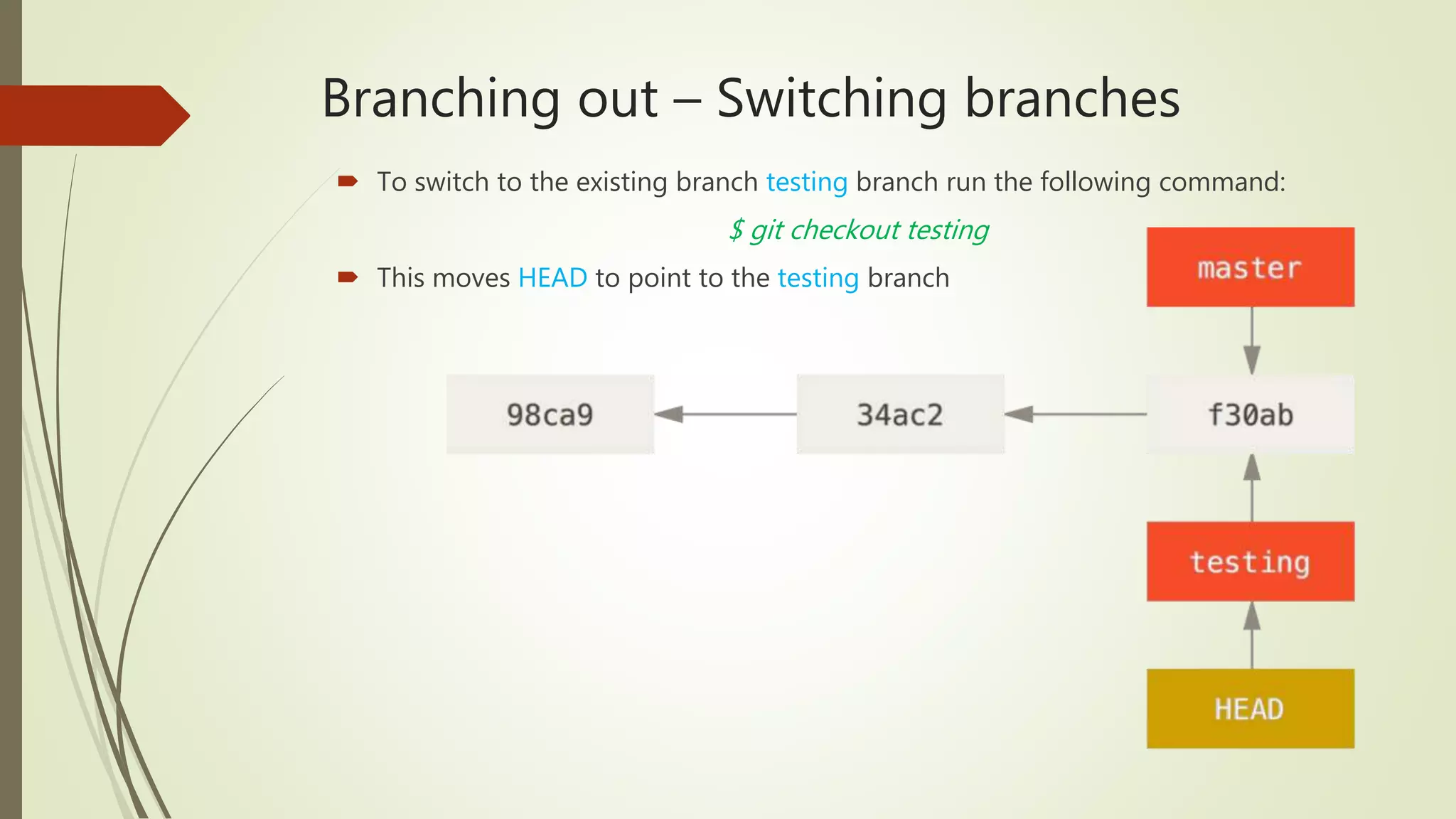 Branching out – Switching branches
 To switch to the existing branch testing branch run the following command:
$ git checkout testing
 This moves HEAD to point to the testing branch
 