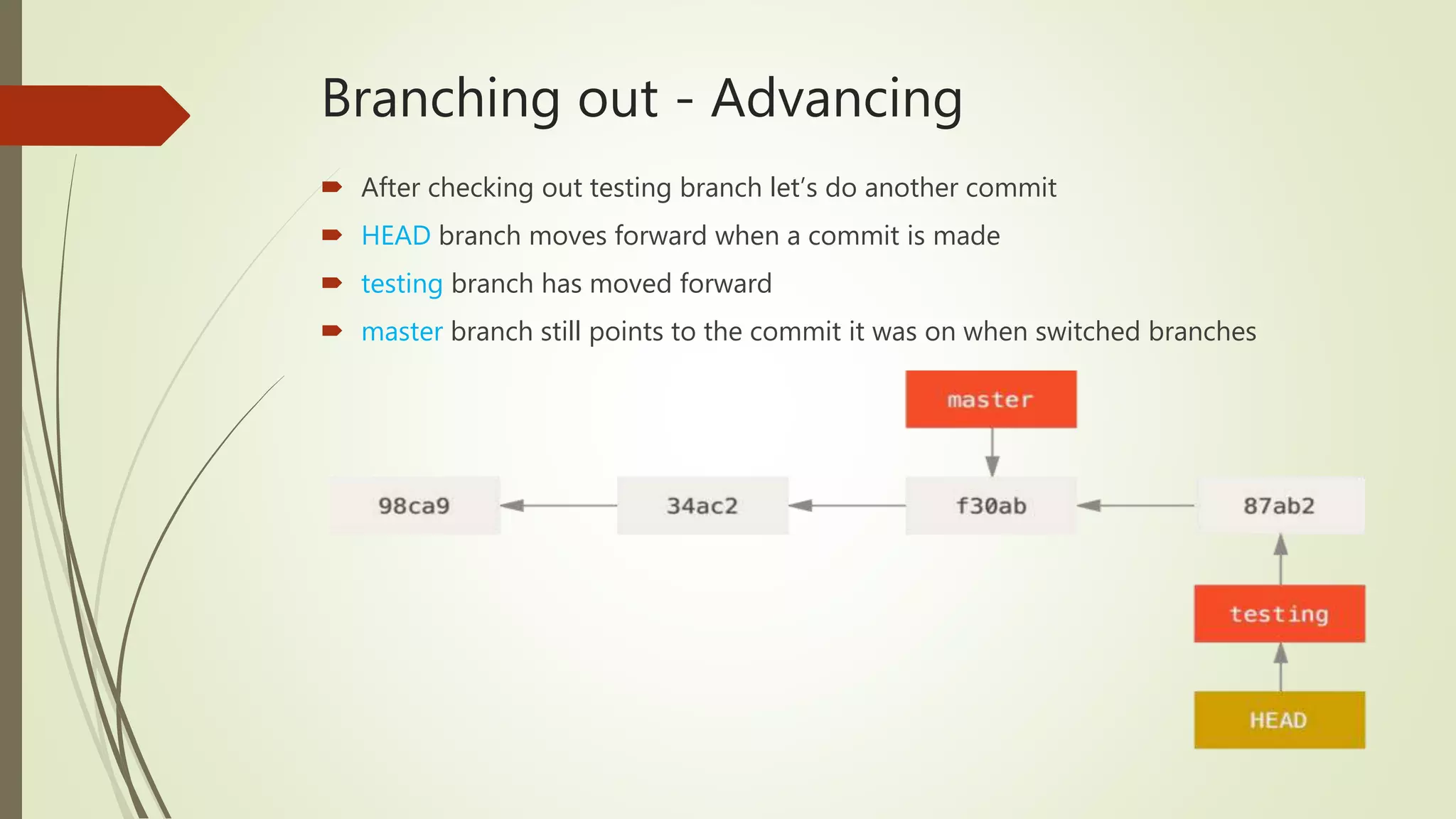 Branching out - Advancing
 After checking out testing branch let’s do another commit
 HEAD branch moves forward when a commit is made
 testing branch has moved forward
 master branch still points to the commit it was on when switched branches
 
