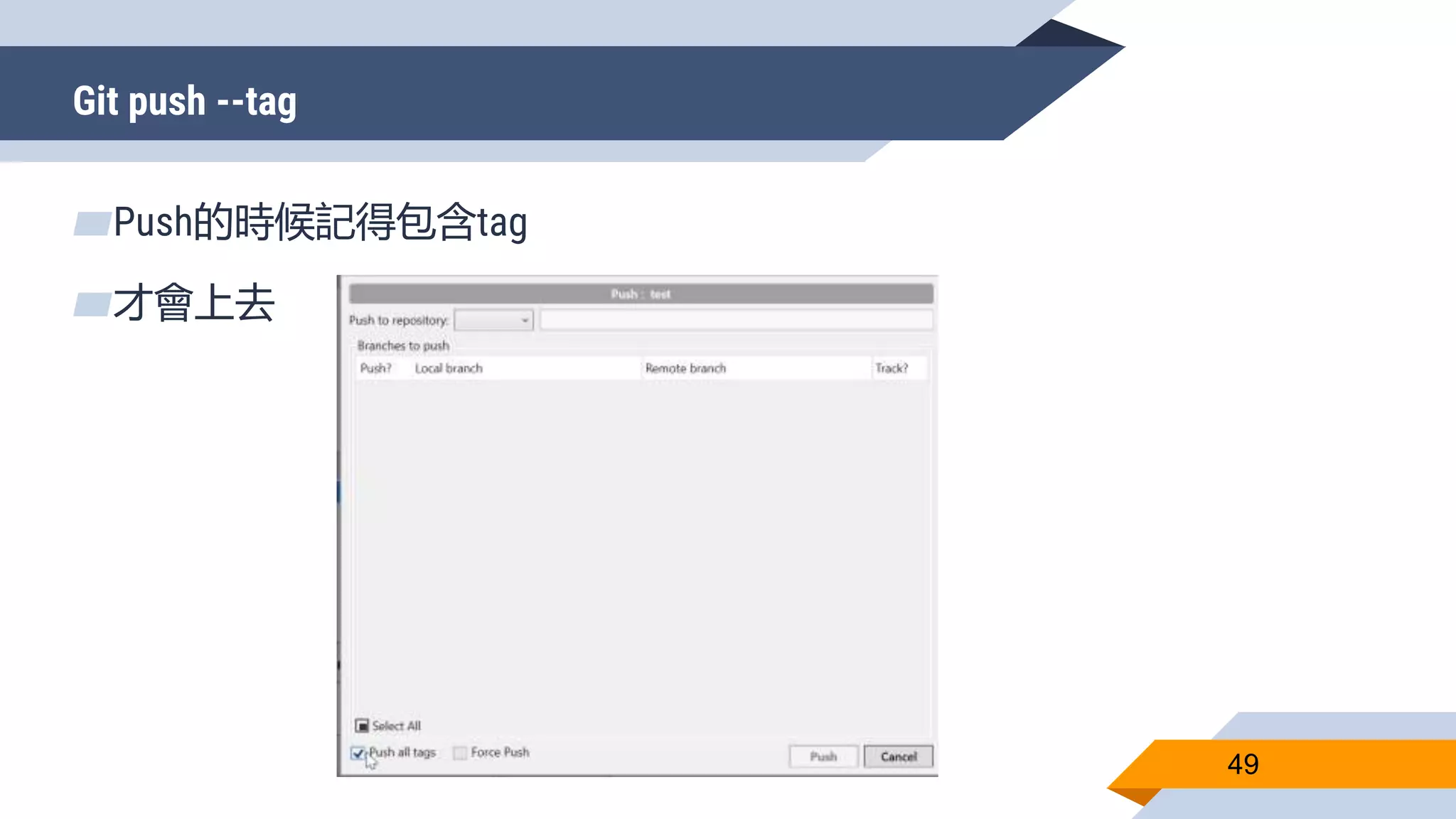 Git push --tag
49
▰Push的時候記得包含tag
▰才會上去
 
