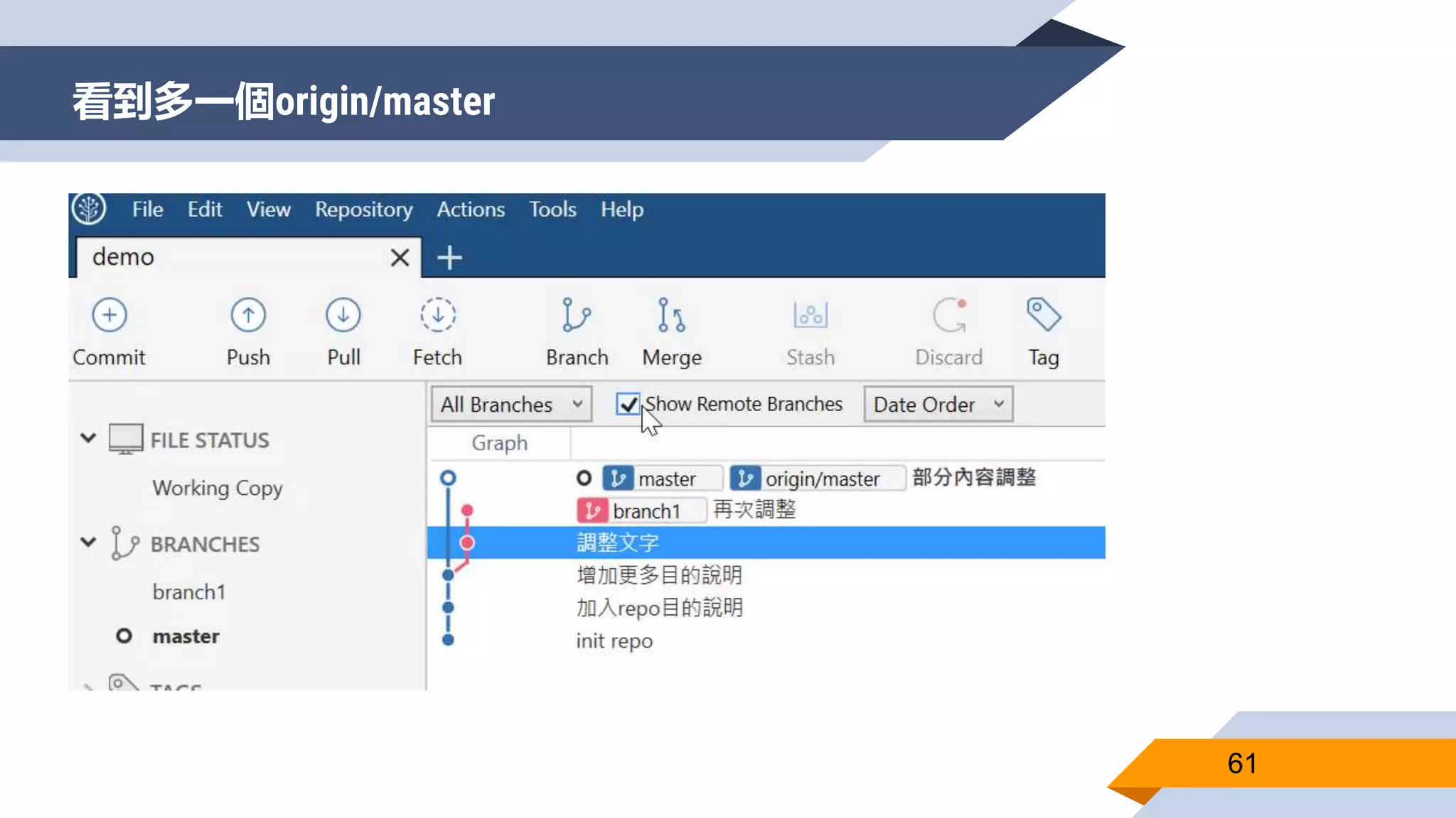 看到多一個origin/master
61
 