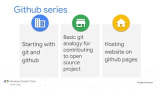 Github series
Starting with
git and
github
Basic git
analogy for
contributing
to open
source
project
Hosting
website on
github pages
 