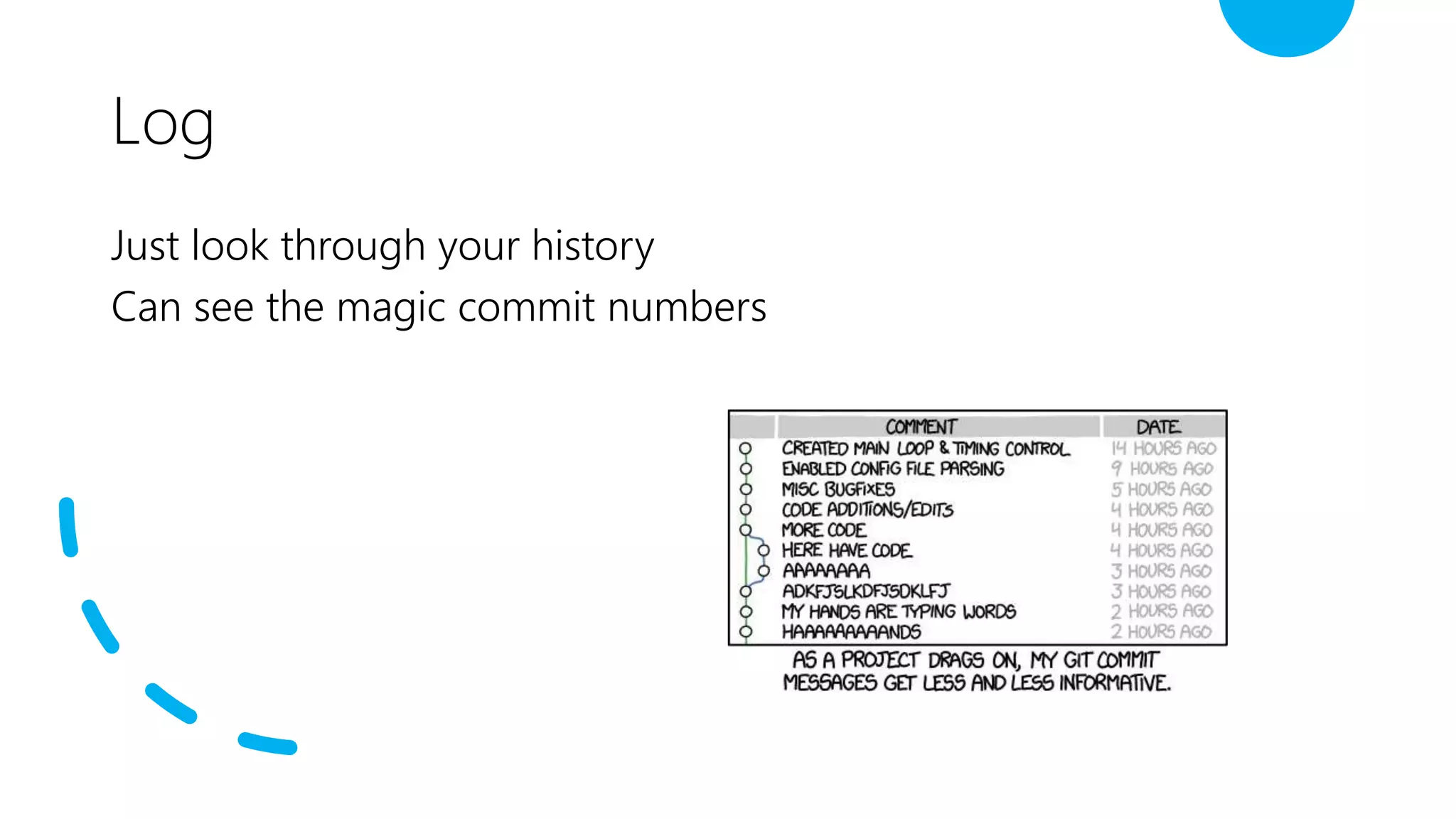 Log
Just look through your history
Can see the magic commit numbers
 