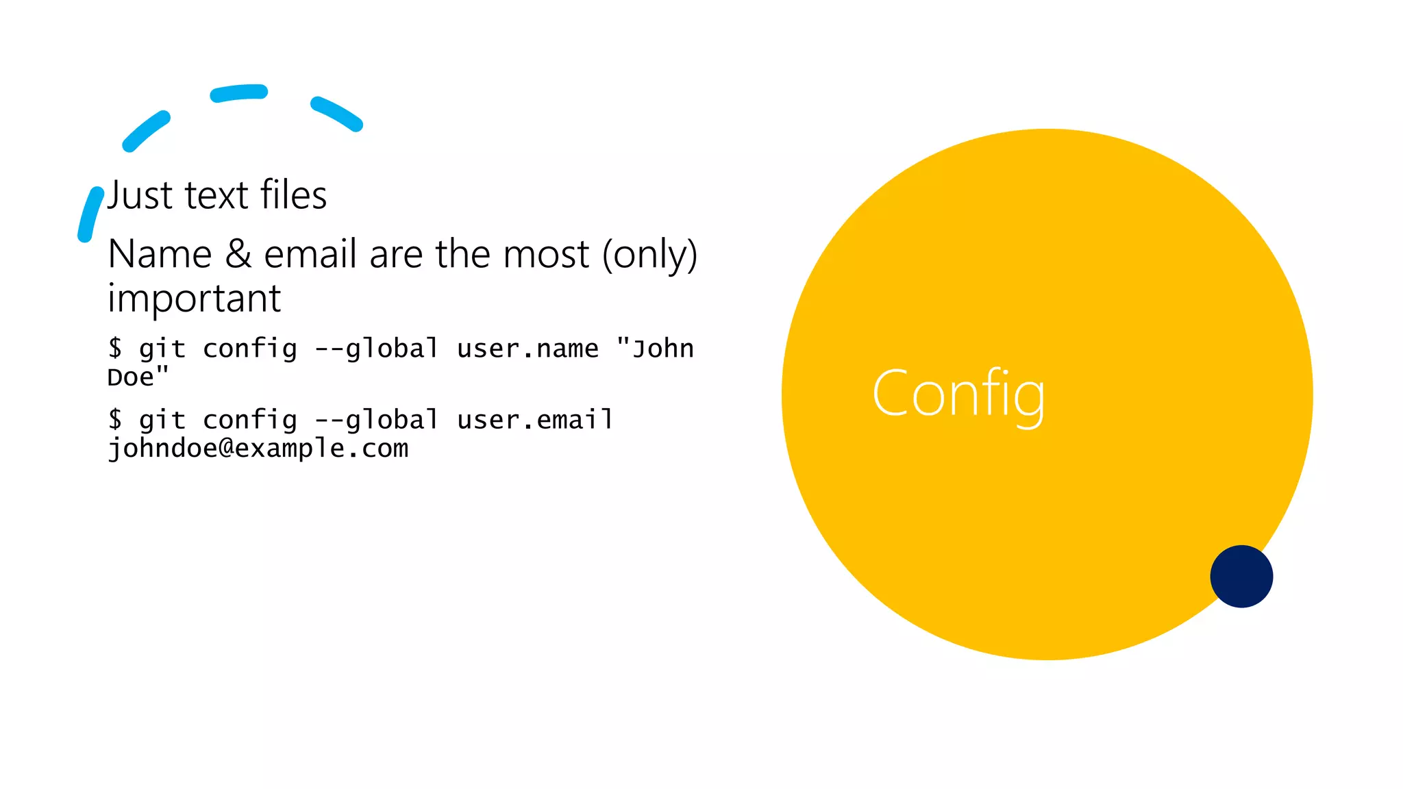 Just text files
Name & email are the most (only)
important
$ git config --global user.name "John
Doe"
$ git config --global user.email
johndoe@example.com
Config
 