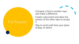 Pull Request
Compare a fork to another repo
and make a difference
Create a document and allow the
owners of the other repo to accept
it
Way to send code from your place
of play, to others
 