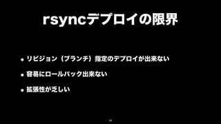 rsyncデプロイの限界

• リビジョン（ブランチ）指定のデプロイが出来ない
• 容易にロールバック出来ない
• 拡張性が乏しい

              54
 