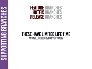 supporting branches

feature branches
HOTFIX branches
release branches
These have limited life time
and will be removed ev...