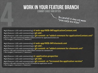 4

work in your feature branch
commit early and often

Be careful!
“push early it does not mean
and often”

➜ git:(feature...