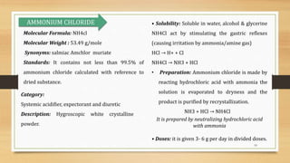 10
Category:
Systemic acidifier, expectorant and diuretic
Description: Hygroscopic white crystalline
powder.
AMMONIUM CHLORIDE • Solubility: Soluble in water, alcohol & glycerine
NH4Cl act by stimulating the gastric reflexes
(causing irritation by ammonia/amine gas)
HCl → H+ + Cl
NH4Cl → NH3 + HCl
• Preparation: Ammonium chloride is made by
reacting hydrochloric acid with ammonia the
solution is evaporated to dryness and the
product is purified by recrystallization.
NH3 + HCl → NH4Cl
It is prepared by neutralizing hydrochloric acid
with ammonia
• Doses: it is given 3- 6 g per day in divided doses.
Molecular Formula: NH4cl
Molecular Weight : 53.49 g/mole
Synonyms: salmiac Amchlor muriate
Standards: It contains not less than 99.5% of
ammonium chloride calculated with reference to
dried substance.
 