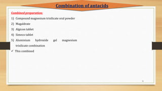 36
Combination of antacids
Combined preparation:
1) Compound magnesium trisilicate oral powder
2) Magaldrate
3) Algicon tablet
4) Simeco tablet
5) Aluminium hydroxide gel magnesium
trisilicate combination
 This combined
 