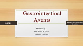 Gastrointestinal
Agents
Presented by…
Prof. Sonali R. Pawar
Assistant Professor 1
Pharmaceutical Inorganic
Chemistry
UNIT III
 