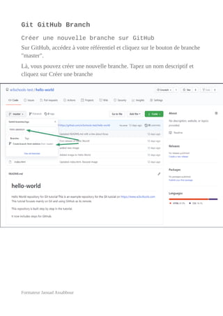 Git GitHub Branch
Créer une nouvelle branche sur GitHub
Sur GitHub, accédez à votre référentiel et cliquez sur le bouton de branche
"master".
Là, vous pouvez créer une nouvelle branche. Tapez un nom descriptif et
cliquez sur Créer une branche
Formateur Jaouad Assabbour
 