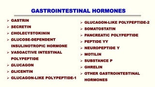 GASTROINTESTINAL HORMONES
 GASTRIN
 „
SECRETIN
 „
CHOLECYSTOKININ
 „
GLUCOSE-DEPENDENT
INSULINOTROPIC HORMONE
 „
VASOACTIVE INTESTINAL
POLYPEPTIDE
 „
GLUCAGON
 „
GLICENTIN
 GLUCAGON-LIKE POLYPEPTIDE-1
 GLUCAGON-LIKE POLYPEPTIDE-2
 SOMATOSTATIN
 PANCREATIC POLYPEPTIDE
 PEPTIDE YY
 NEUROPEPTIDE Y
 MOTILIN
 SUBSTANCE P
 GHRELIN
 OTHER GASTROINTESTINAL
HORMONES
 