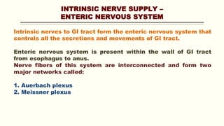 INTRINSIC NERVE SUPPLY –
ENTERIC NERVOUS SYSTEM
Intrinsic nerves to GI tract form the enteric nervous system that
controls all the secretions and movements of GI tract.
Enteric nervous system is present within the wall of GI tract
from esophagus to anus.
Nerve fibers of this system are interconnected and form two
major networks called:
1. Auerbach plexus
2. Meissner plexus
 