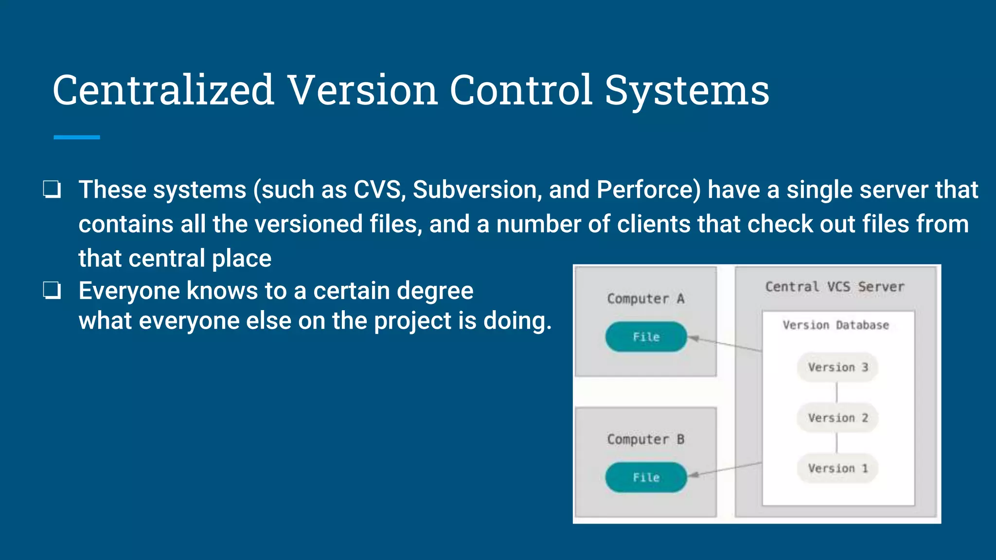 Centralized Version Control Systems
❏ These systems (such as CVS, Subversion, and Perforce) have a single server that
contains all the versioned files, and a number of clients that check out files from
that central place
❏ Everyone knows to a certain degree
what everyone else on the project is doing.
 
