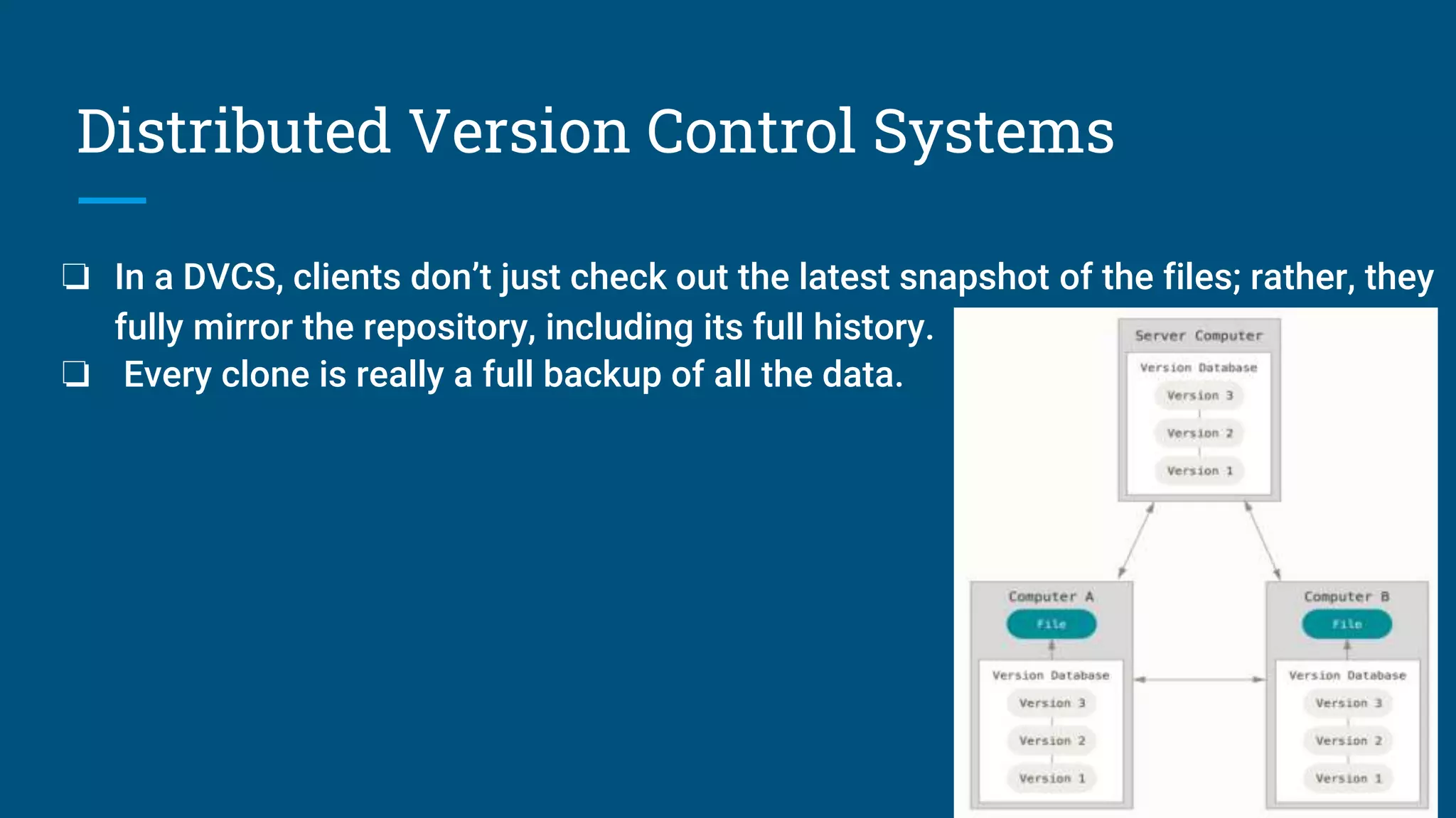 Distributed Version Control Systems
❏ In a DVCS, clients don’t just check out the latest snapshot of the files; rather, they
fully mirror the repository, including its full history.
❏ Every clone is really a full backup of all the data.
 