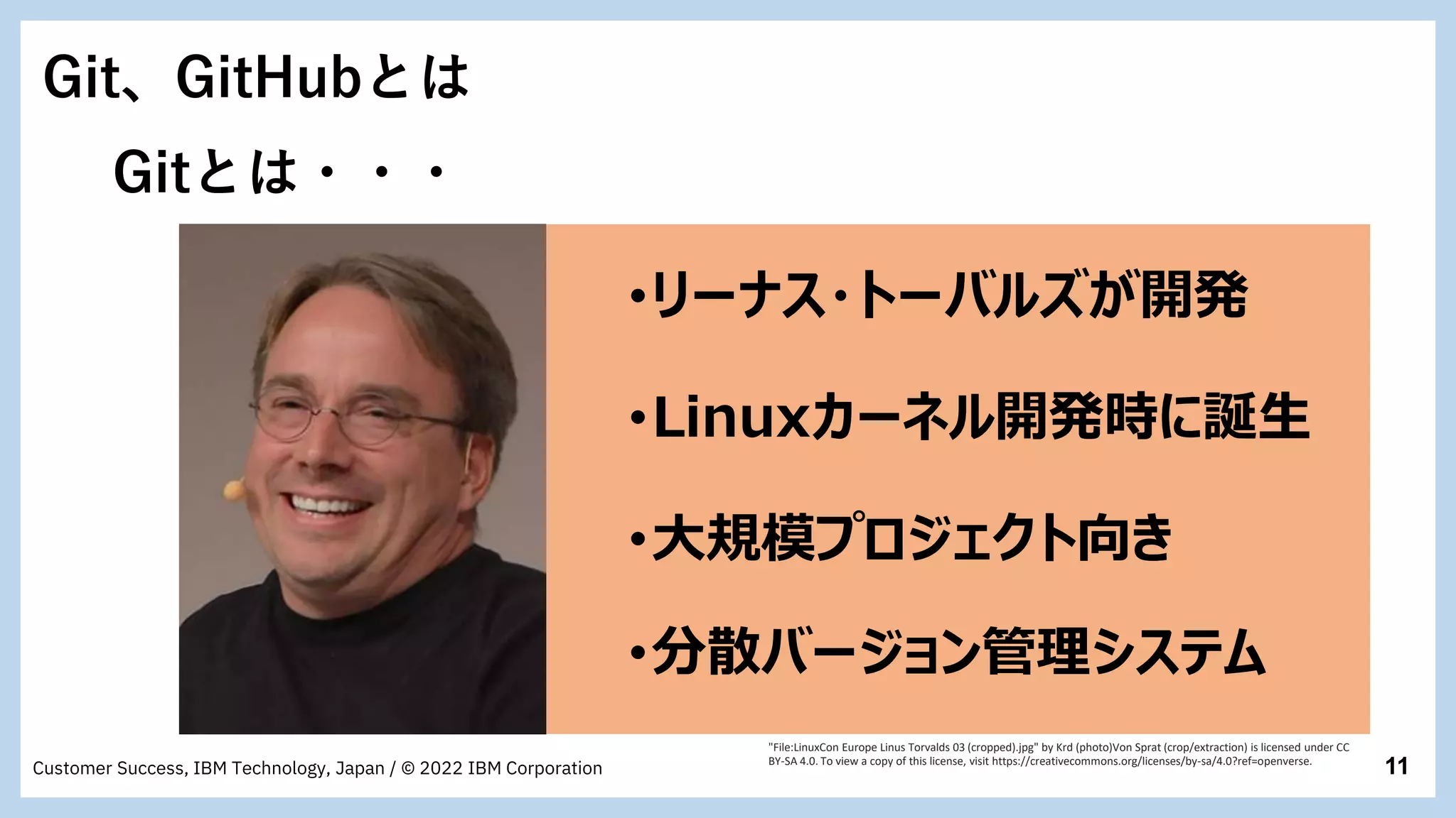 11
Customer Success, IBM Technology, Japan / © 2022 IBM Corporation
Git、GitHubとは
Gitとは・・・
･リーナス・トーバルズが開発
･Linuxカーネル開発時に誕生
･分散バージョン管理システム
"File:LinuxCon Europe Linus Torvalds 03 (cropped).jpg" by Krd (photo)Von Sprat (crop/extraction) is licensed under CC
BY-SA 4.0. To view a copy of this license, visit https://creativecommons.org/licenses/by-sa/4.0?ref=openverse.
･大規模プロジェクト向き
 