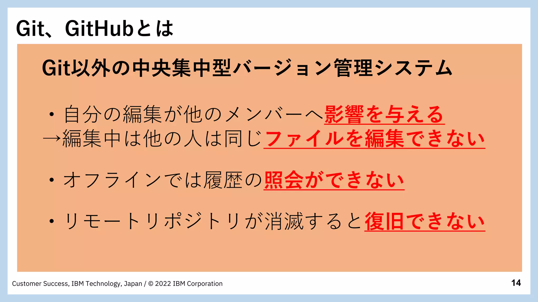 14
Customer Success, IBM Technology, Japan / © 2022 IBM Corporation
Git、GitHubとは
Git以外の中央集中型バージョン管理システム
・オフラインでは履歴の照会ができない
・自分の編集が他のメンバーへ影響を与える
→編集中は他の人は同じファイルを編集できない
・リモートリポジトリが消滅すると復旧できない
 