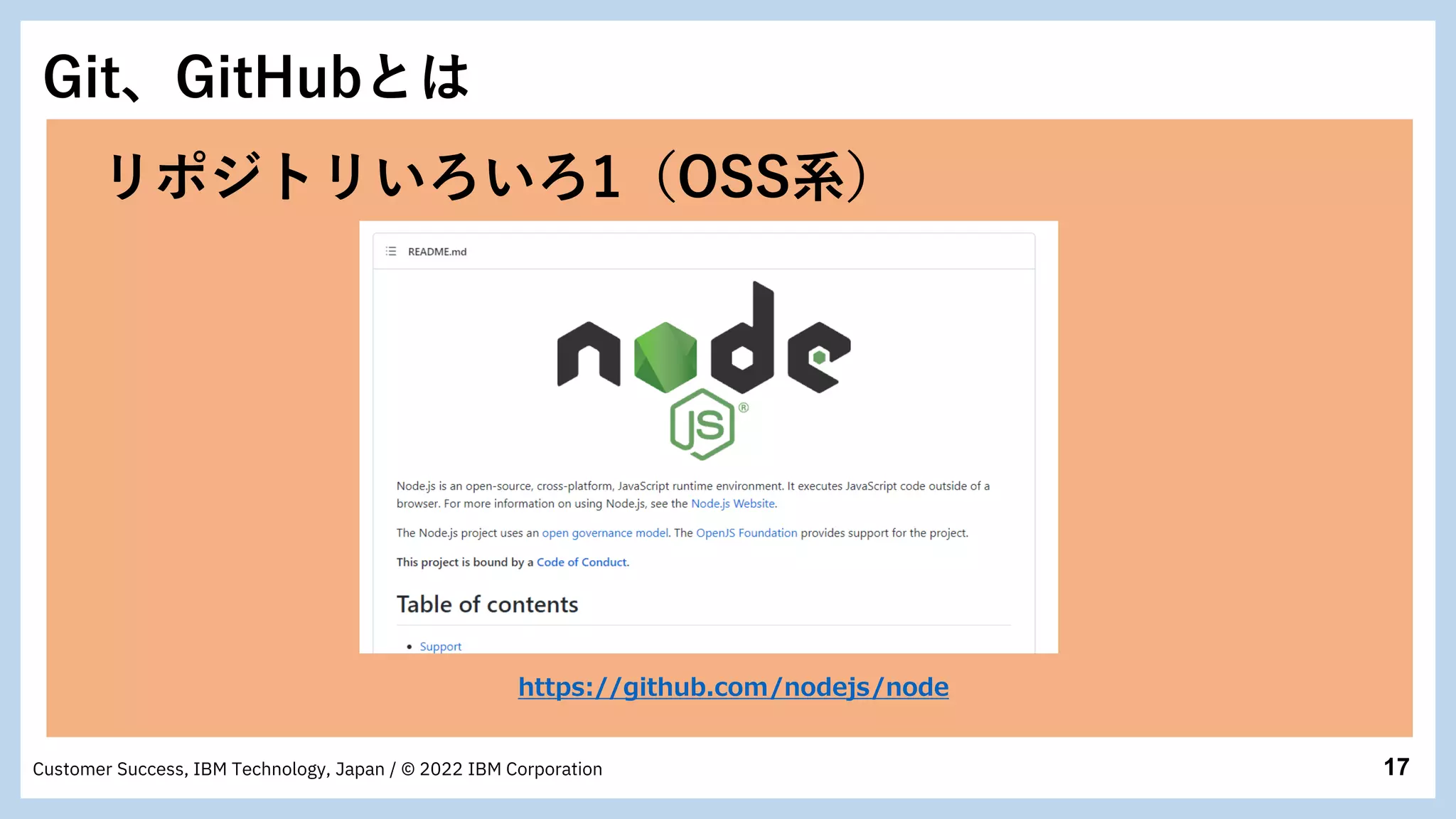17
Customer Success, IBM Technology, Japan / © 2022 IBM Corporation
Git、GitHubとは
リポジトリいろいろ1（OSS系）
https://github.com/nodejs/node
 