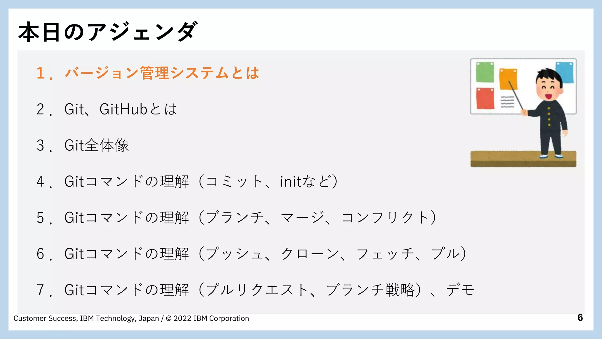 6
Customer Success, IBM Technology, Japan / © 2022 IBM Corporation
本日のアジェンダ
1 ．バージョン管理システムとは
2 ．Git、GitHubとは
3 ．Git全体像
4 ．Gitコマンドの理解（コミット、initなど）
5 ．Gitコマンドの理解（ブランチ、マージ、コンフリクト）
6 ．Gitコマンドの理解（プッシュ、クローン、フェッチ、プル）
7 ．Gitコマンドの理解（プルリクエスト、ブランチ戦略）、デモ
 