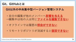 14
Customer Success, IBM Technology, Japan / © 2022 IBM Corporation
Git、GitHubとは
Git以外の中央集中型バージョン管理システム
・オフラインでは履歴の照会ができない
・自分の編集が他のメンバーへ影響を与える
→編集中は他の人は同じファイルを編集できない
・リモートリポジトリが消滅すると復旧できない
 