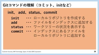 26
Customer Success, IBM Technology, Japan / © 2022 IBM Corporation
init、 add、status、commit
init ・・・ ローカルリポジトリを作成する
add ・・・ ファイルをインデックスに追加する
status ・・・ ワークツリーの状況を表示する
commit ・・・ インデックスにあるファイルを
ローカルリポジトリに追加する
Gitコマンドの理解（コミット、initなど）
 