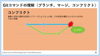 31
Customer Success, IBM Technology, Japan / © 2022 IBM Corporation
コンフリクト
B C
H
D
J
コンフリクト
Gitコマンドの理解（ブランチ、マージ、コンフリクト）
 