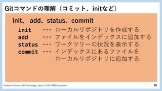 26
Customer Success, IBM Technology, Japan / © 2022 IBM Corporation
init、 add、status、commit
init ・・・ ローカルリポジトリを作成する
add ・・...