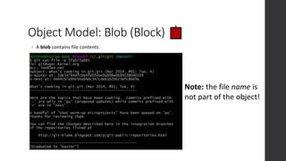 Object Model: Blob (Block)
• A blob contains file contents.
Note: the file name is
not part of the object!
 