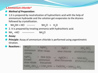 1.Ammonium chloride*
⚫ Method of Preparation:
⚫ 1.It is prepared by neutralization of hydrochloric acid with the help of
ammonium hydroxide and the solution get evaporates to the dryness
followed by crystallization.
⚫ NH4
OH + HCl ---------- NH4
Cl + H2
O
⚫ 2. It is prepared by treating ammonia with hydrochloric acid.
⚫ NH3
+HCl --------------- NH4
Cl
⚫ Assay:
⚫ Principle: Assay of ammonium chloride is performed using argentimetric
titration.
⚫ Reactions :
 