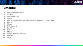 Ementa:
1. Versionamento e Git
2. GitHub
3. Iniciando o Git
4. Clone
5. Comandos básicos git: add, commit, status, log, push, pull
6. Branch
7. Merge
8. Pull request
9. Conﬂitos
10. Diff
11. Stash
12. Reset, Revert, Checkout
13. Rebase
14. Tags
 