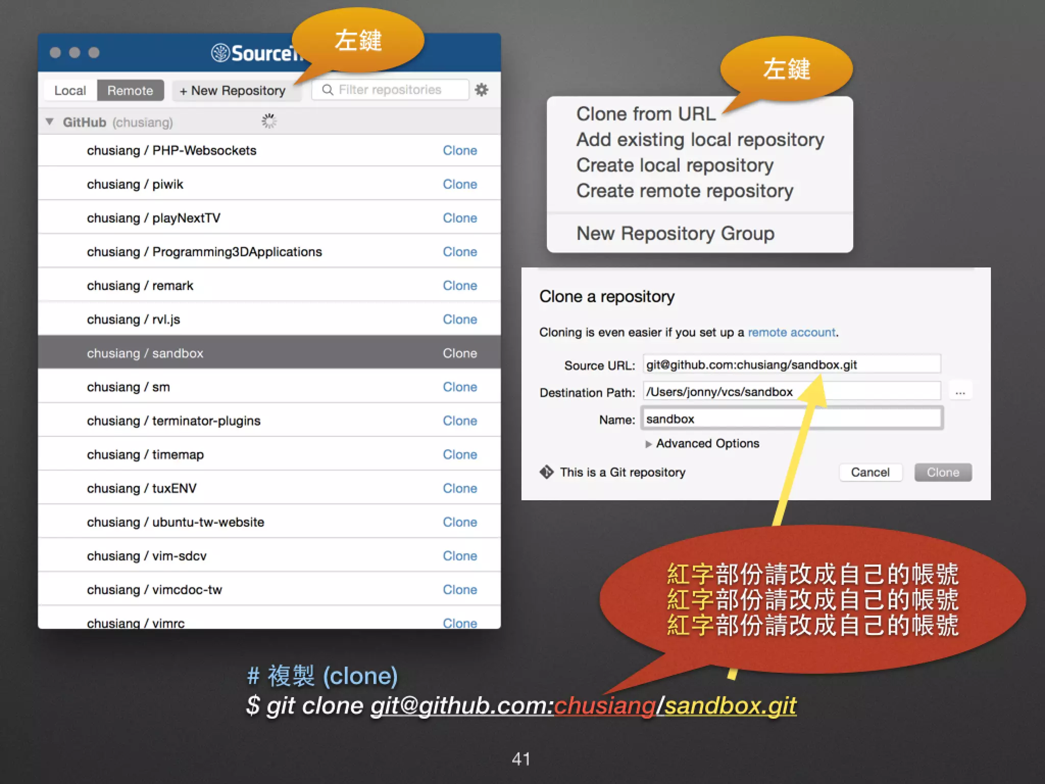左鍵 左鍵 41 # 複製 (clone) $ git clone git@github.com:chusiang/sandbox.git 紅字部份請改成⾃自⼰己的帳號 紅字部份請改成⾃自⼰己的帳號 紅字部份請改成⾃自⼰己的帳號 