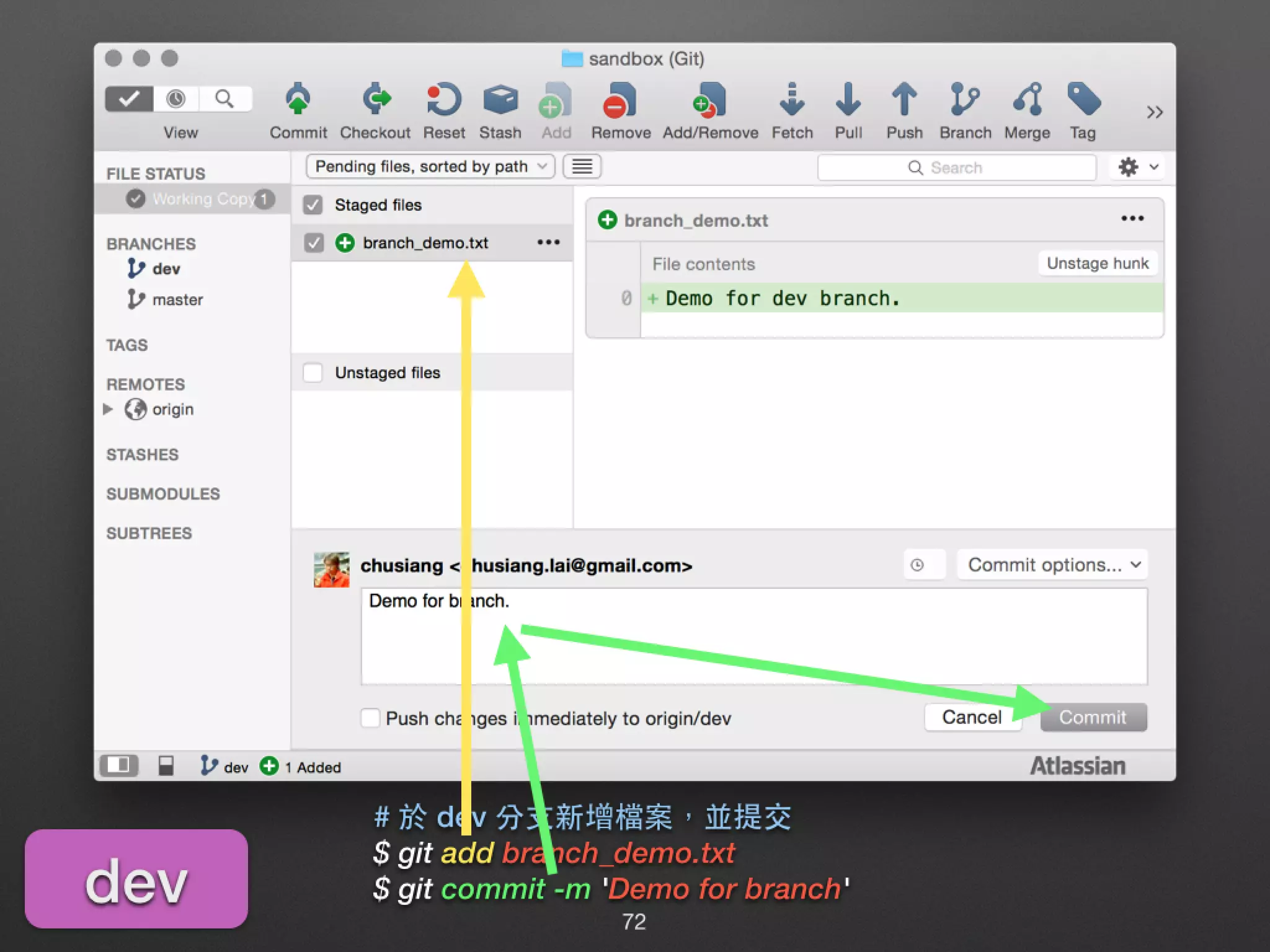 # 於 dev 分⽀支新增檔案，並提交 $ git add branch_demo.txt $ git commit -m 'Demo for branch'dev 72 