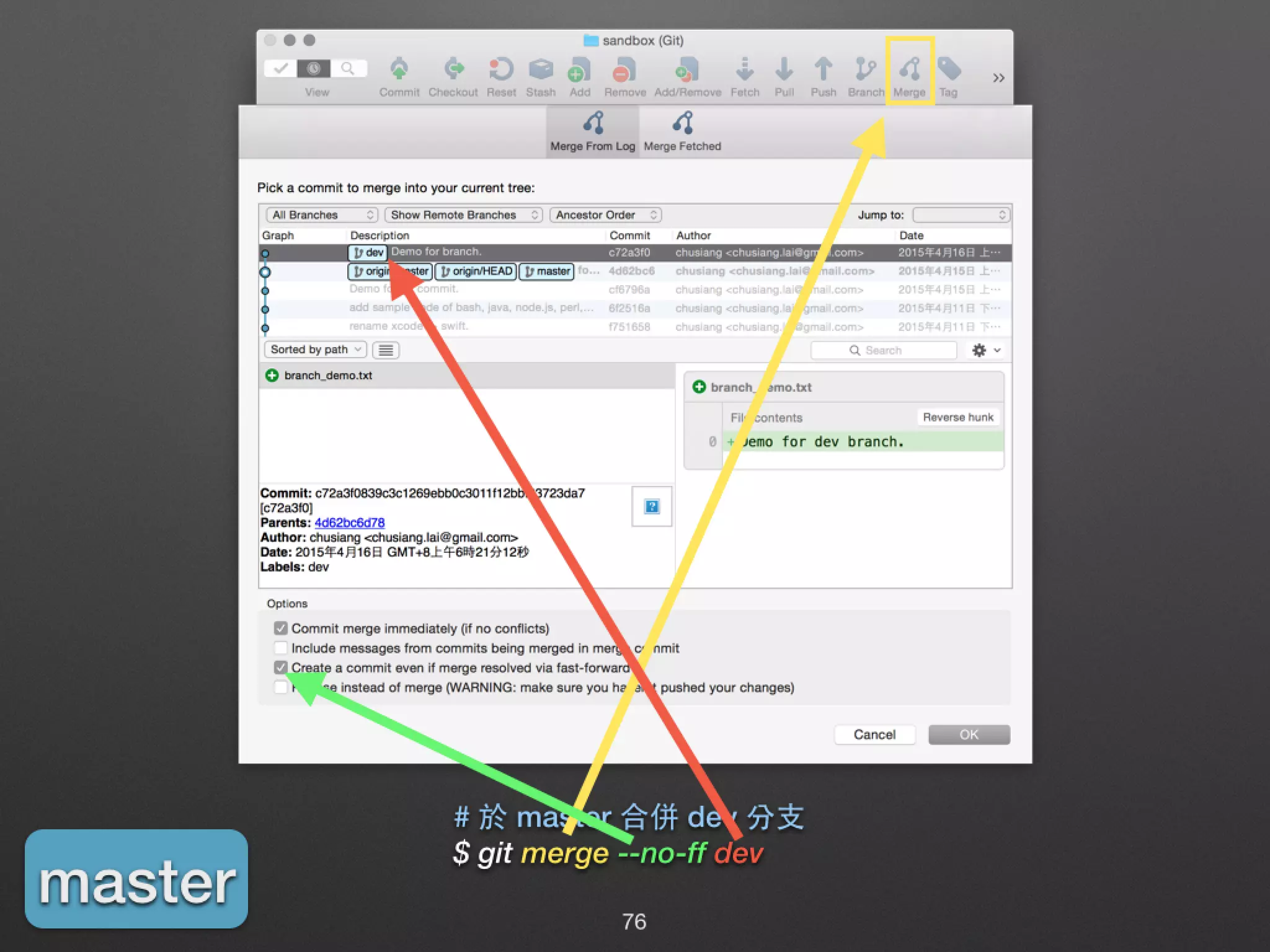 # 於 master 合併 dev 分⽀支 $ git merge --no-ff dev master 76 