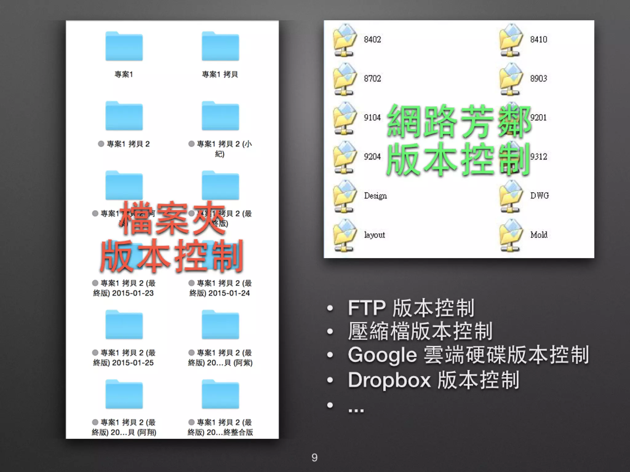 9 檔案夾 版本控制 網路芳鄰 版本控制 • FTP 版本控制 • 壓縮檔版本控制 • Google 雲端硬碟版本控制 • Dropbox 版本控制 • ... 