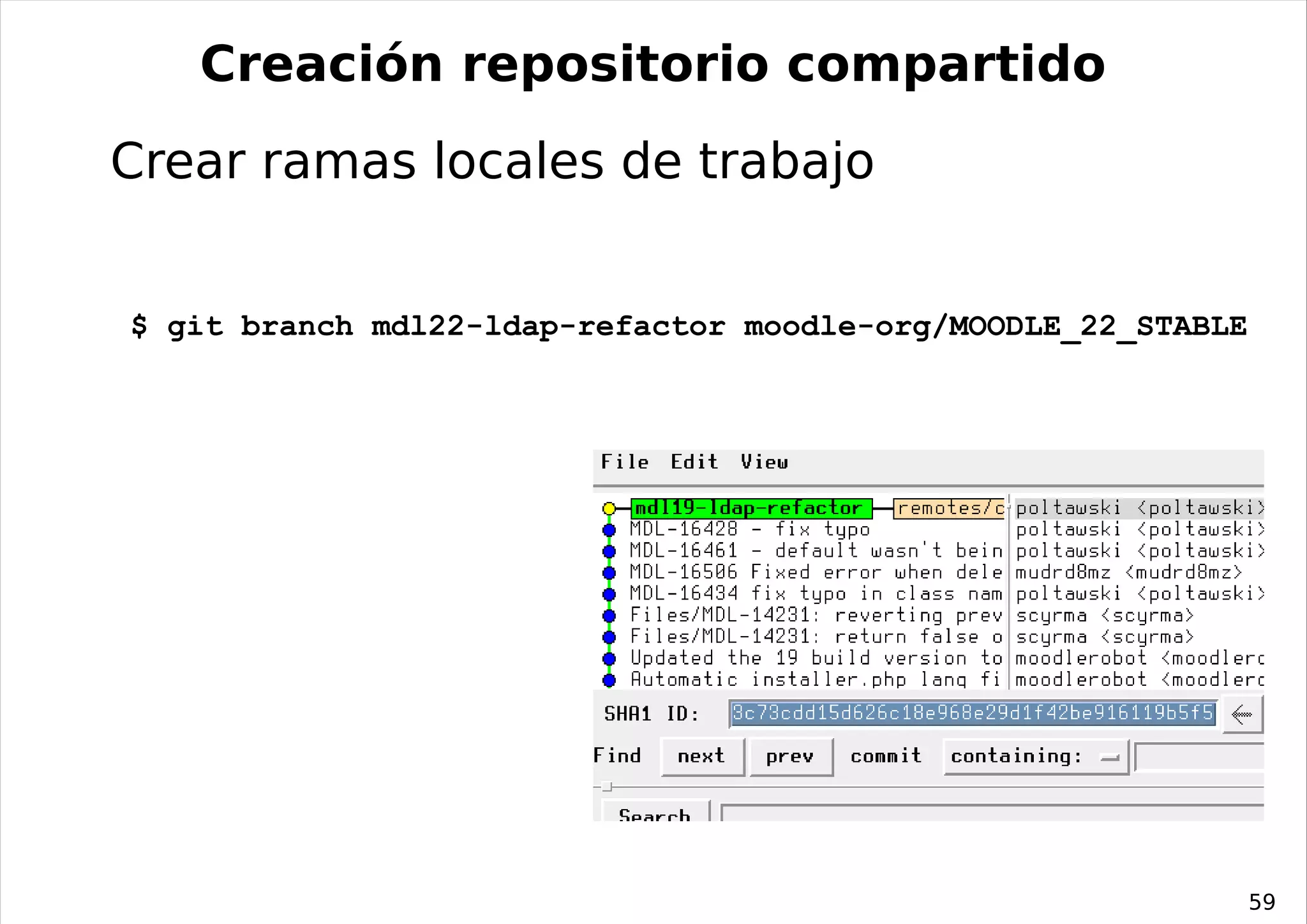 Creación repositorio compartido
Crear ramas locales de trabajo


$ git branch mdl22-ldap-refactor moodle-org/MOODLE_22_STABLE




                                                               59
 