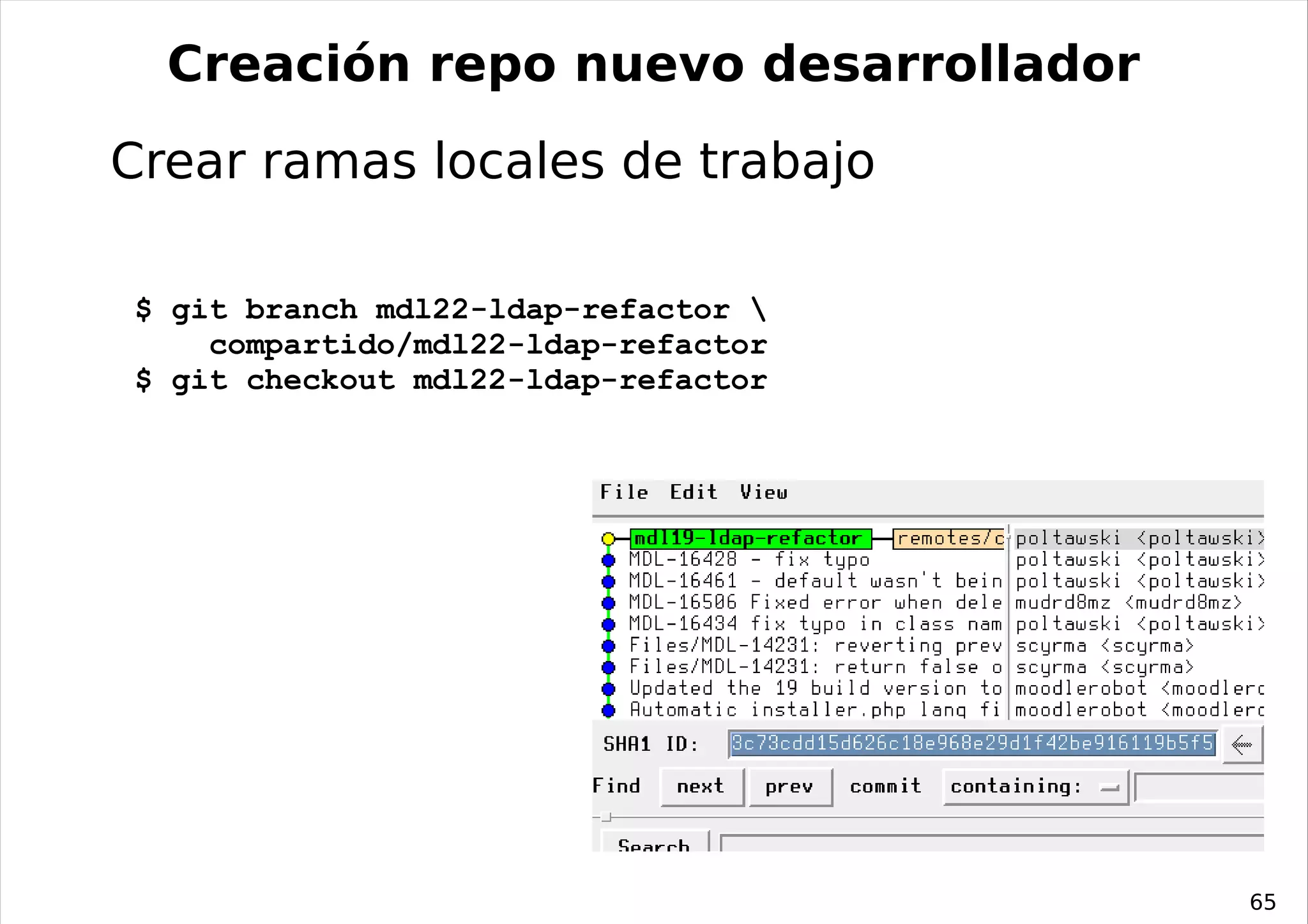 Creación repo nuevo desarrollador
Crear ramas locales de trabajo

$ git branch mdl22-ldap-refactor 
    compartido/mdl22-ldap-refactor
$ git checkout mdl22-ldap-refactor




                                      65
 