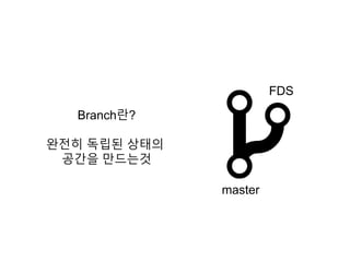 Branch란?
완전히 독립된 상태의
공간을 만드는것
master
FDS
 