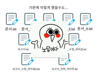 문서.txt 문서_1.txt 문서_2.txt 문서_3.txt 문서_4.txt
기존에 이렇게 했을수도…
보고서.txt 보고서_수정.txt 보고서_수정_파이널.txt
보고서_수정_파이널2.txt 보고서_진짜_마지막.txt
 