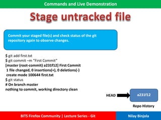 Commands and Live Demonstration
BITS Firefox Community | Lecture Series - Git Nilay Binjola
Commit your staged file(s) and check status of the git
repository again to observe changes.
$ git add first.txt
$ git commit –m “First Commit”
[master (root-commit) a231f12] First Commit
1 file changed, 0 insertions(+), 0 deletions(-)
create mode 100644 first.txt
$ git status
# On branch master
nothing to commit, working directory clean
a231f12
Repo History
HEAD
 