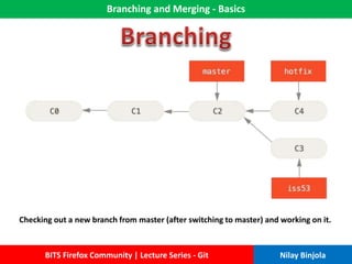 Branching and Merging - Basics
BITS Firefox Community | Lecture Series - Git Nilay Binjola
Checking out a new branch from master (after switching to master) and working on it.
 