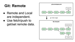Git: Remote
● Remote and Local
are independent.
● Use fetch/push to
get/set remote data.
 