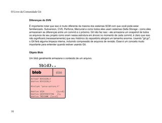 Diferenças do SVN
É importante notar que isso é muito diferente da maioria dos sistemas SCM com que você pode estar
familiarizado. Subversion, CVS, Perforce, Mercurial e como todos eles usam sistemas Delta Storage - como eles
armazenam as diferenças entre um commit e o próximo. Git não faz isso - ele armazena um snapshot de todos
os arquivos de seu projeto como eram nessa estrutura em árvore no momento de cada commit, é claro que isso
não significará (necessariamente) que seu histórico do repositório atingirá um tamanho enorme. Usando "git gc",
o Git fará alguma limpeza interna, incluindo compressão de arquivos de revisão. Esse é um conceito muito
importante para entender quando estiver usando Git.
Objeto Blob
Um blob geralmente armazena o conteúdo de um arquivo.
O Livro da Comunidade Git
10
 