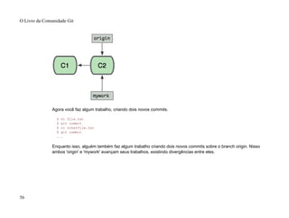 Agora você faz algum trabalho, criando dois novos commits.
$ vi file.txt
$ git commit
$ vi otherfile.txt
$ git commit
...
Enquanto isso, alguém também faz algum trabalho criando dois novos commits sobre o branch origin. Nisso
ambos 'origin' e 'mywork' avançam seus trabalhos, existindo divergências entre eles.
O Livro da Comunidade Git
56
 